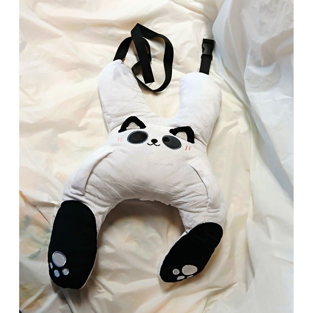 Panda Neck Travel Pillow w/ Strap, White/Black 22in x 16.5in